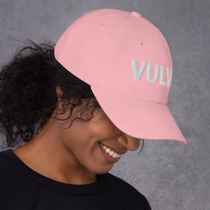 VULVA Dad Cap (White Text), pink colorway, right side view | MOTHERLODE