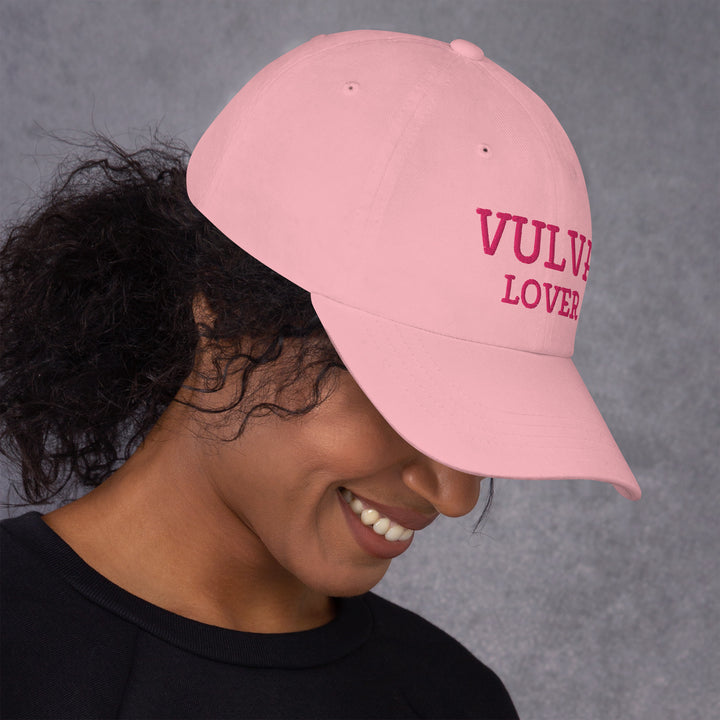 Vulva Lover Dad Cap (Pink Text), pink colorway, right side view | MOTHERLODE