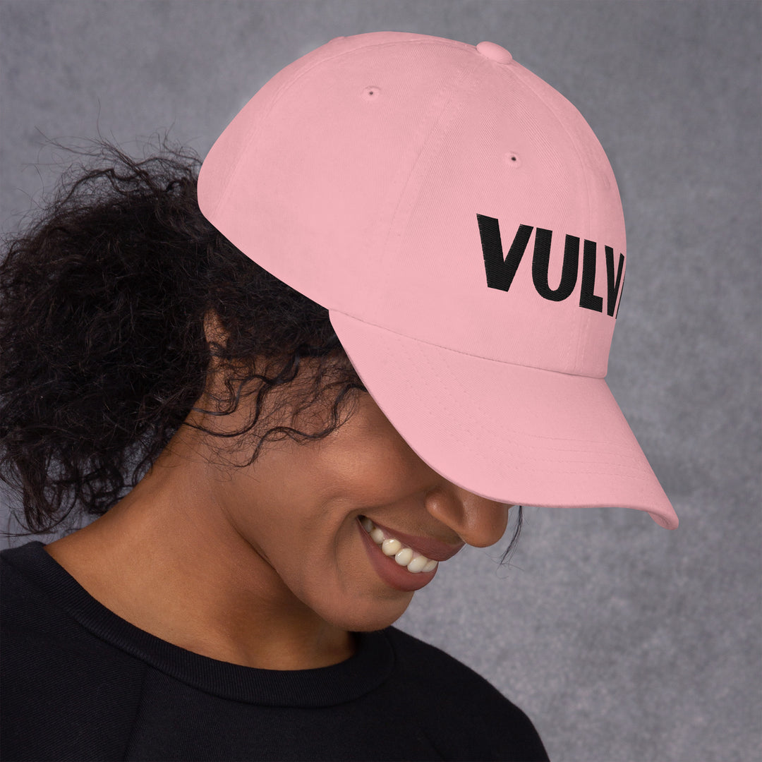 VULVA Dad Cap (Black Text), pink colorway, right side view | MOTHERLODE