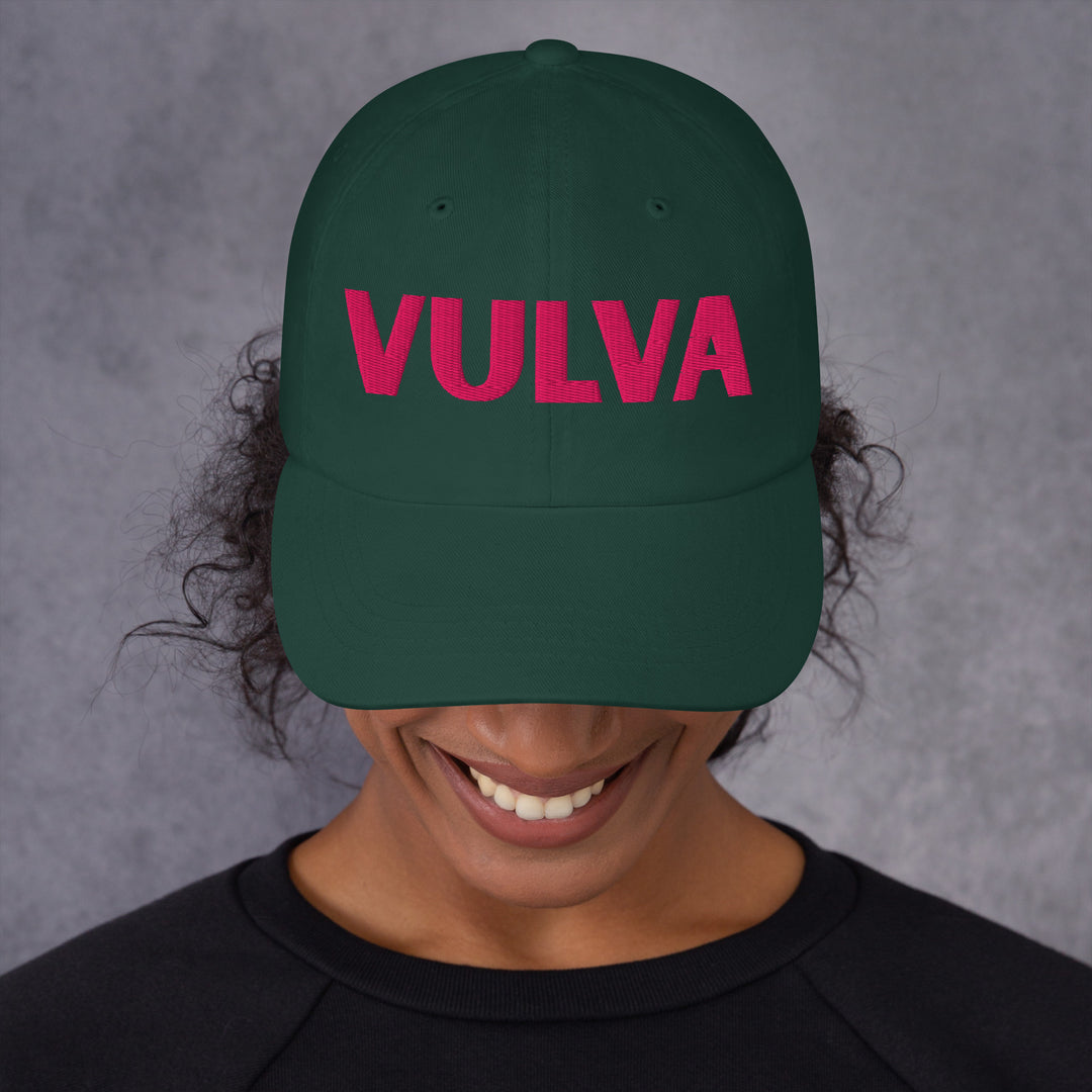 VULVA Dad Cap (Pink Text), spruce colorway, front view | MOTHERLODE