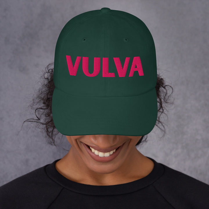 VULVA Dad Cap (Pink Text), spruce colorway, front view | MOTHERLODE
