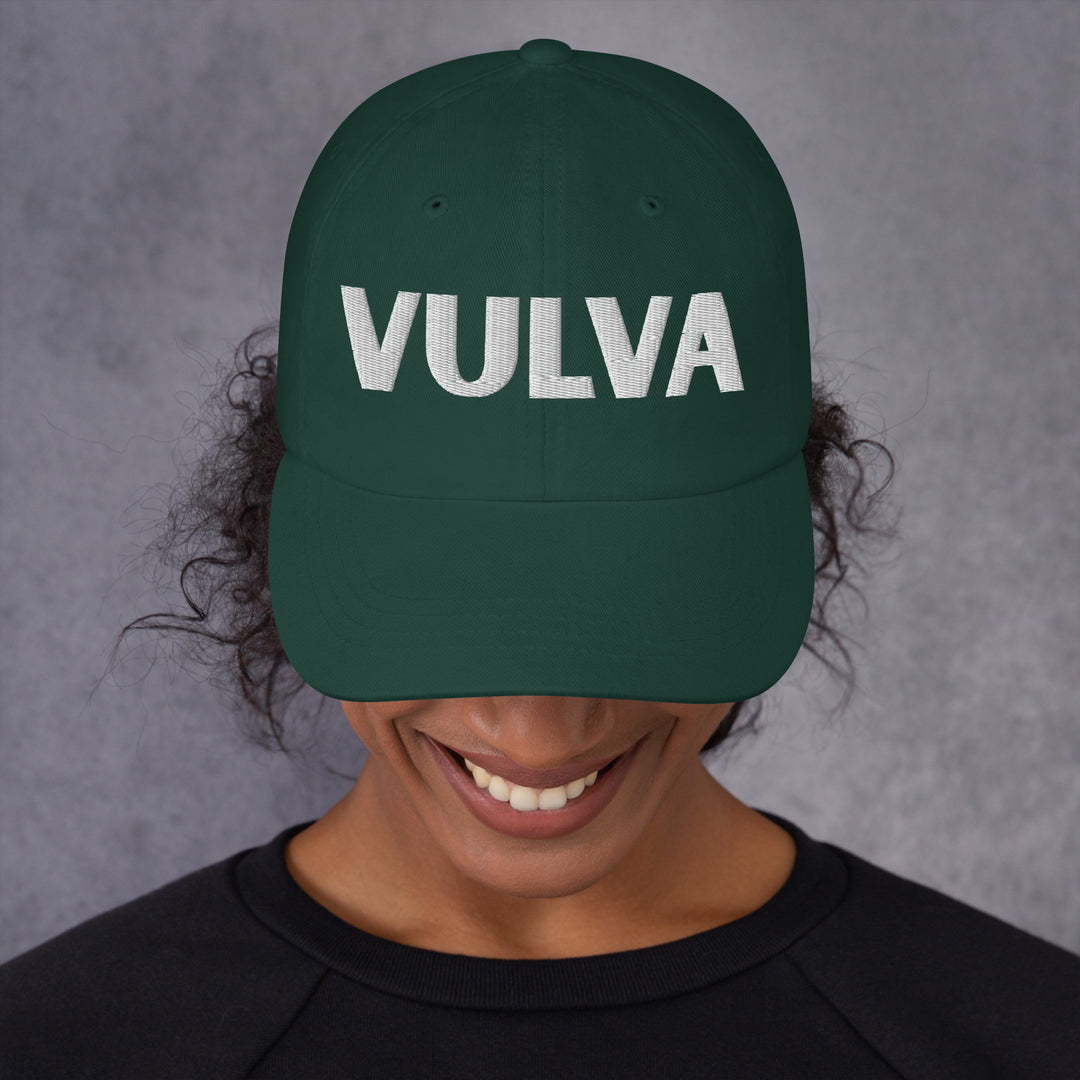 VULVA Dad Cap (White Text), spruce colorway, front view | MOTHERLODE