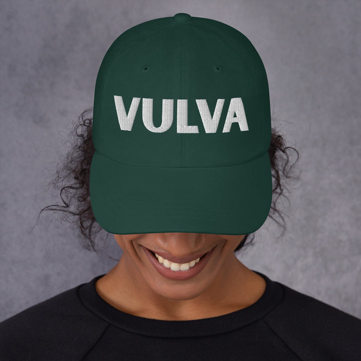 VULVA Dad Cap (White Text), spruce colorway, front view | MOTHERLODE