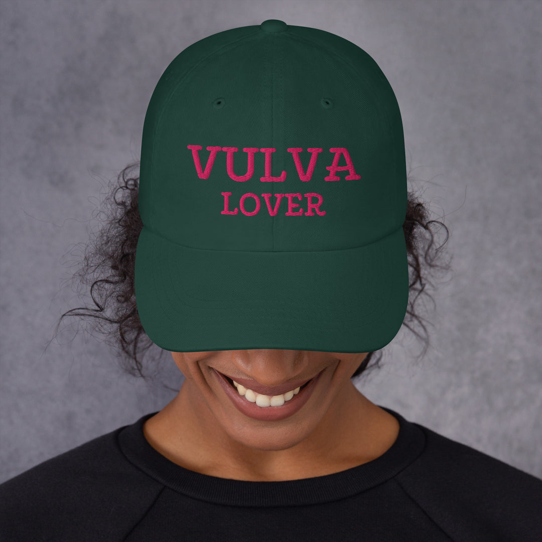Vulva Lover Dad Cap (Pink Text), spruce colorway, front view | MOTHERLODE