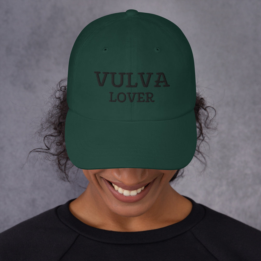 Vulva Lover Dad Cap (Black Text), spruce colorway, front view | MOTHERLODE