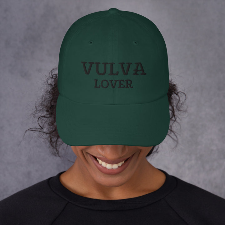 Vulva Lover Dad Cap (Black Text), spruce colorway, front view | MOTHERLODE