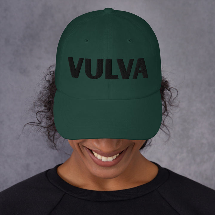 VULVA Dad Cap (Black Text), spruce colorway, front view | MOTHERLODE