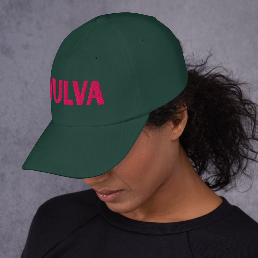 VULVA Dad Cap (Pink Text), spruce colorway, left side view | MOTHERLODE