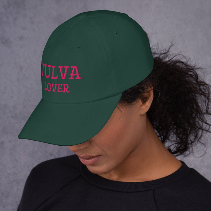 Vulva Lover Dad Cap (Pink Text), spruce colorway, left side view | MOTHERLODE