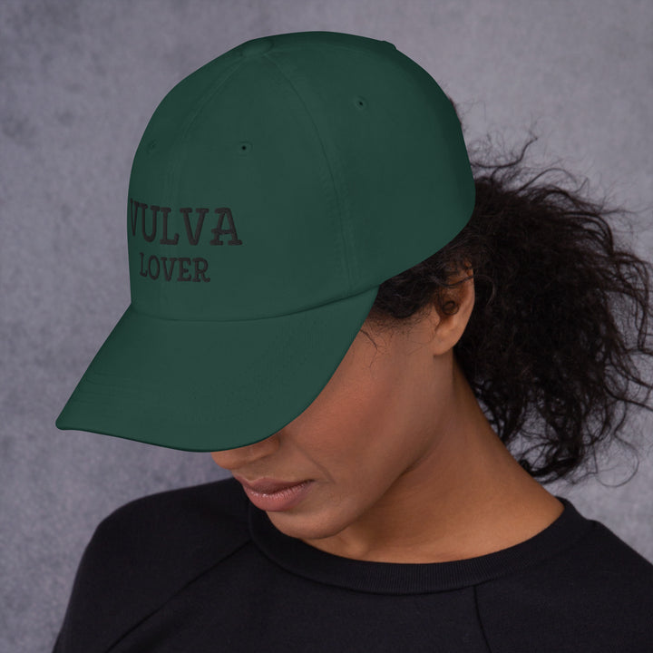 Vulva Lover Dad Cap (Black Text), spruce colorway, left side view | MOTHERLODE