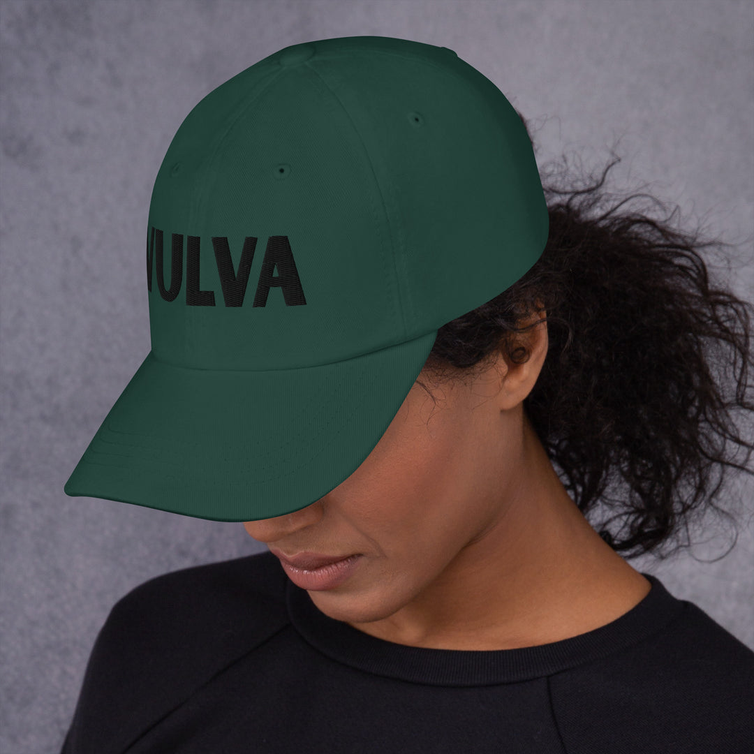VULVA Dad Cap (Black Text), spruce colorway, left side view | MOTHERLODE