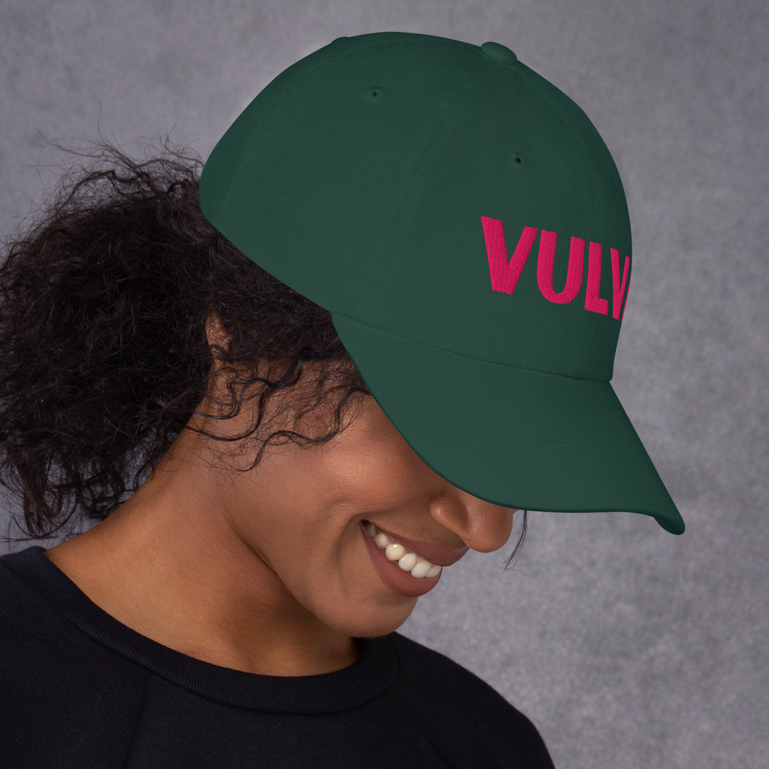 VULVA Dad Cap (Pink Text), spruce colorway, right side view | MOTHERLODE