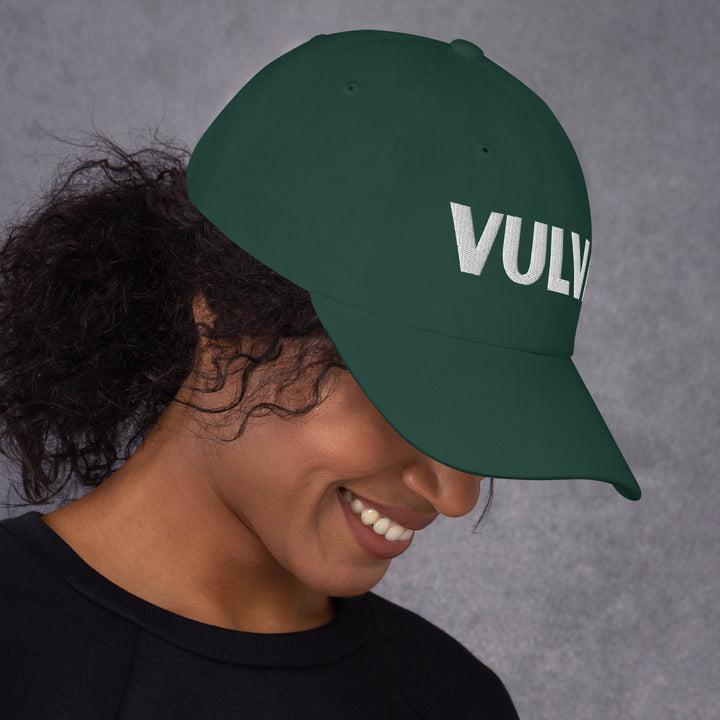 VULVA Dad Cap (White Text), spruce colorway, right side view | MOTHERLODE