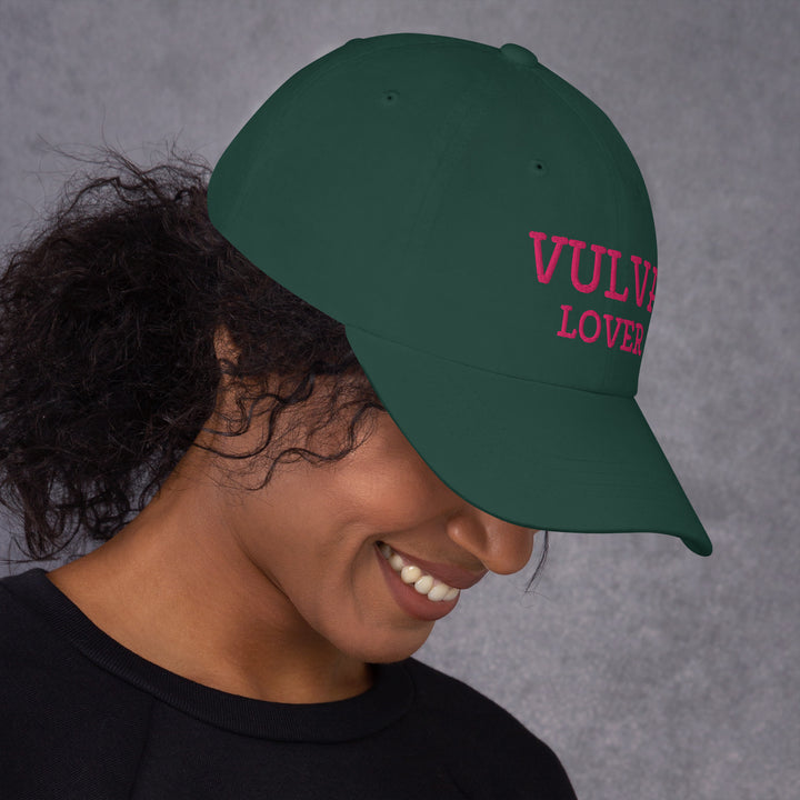 Vulva Lover Dad Cap (Pink Text), spruce colorway, right side view | MOTHERLODE