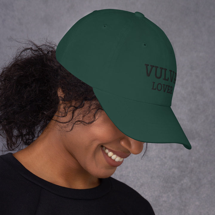 Vulva Lover Dad Cap (Black Text), spruce colorway, right side view | MOTHERLODE