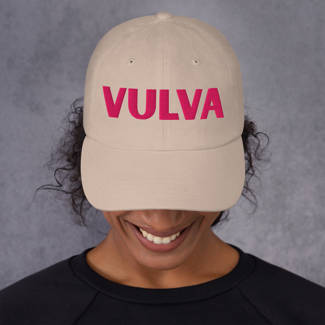 VULVA Dad Cap (Pink Text), stone colorway, front view | MOTHERLODE