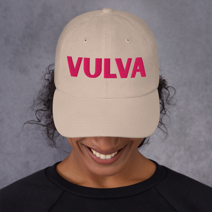 VULVA Dad Cap (Pink Text), stone colorway, front view | MOTHERLODE