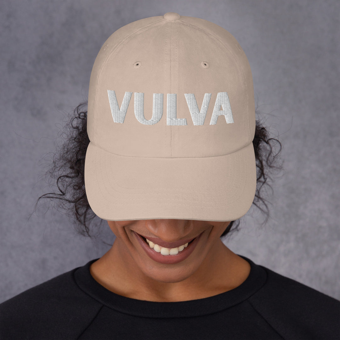 VULVA Dad Cap (White Text), stone colorway, front view | MOTHERLODE