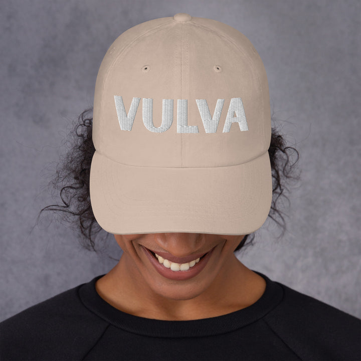 VULVA Dad Cap (White Text), stone colorway, front view | MOTHERLODE