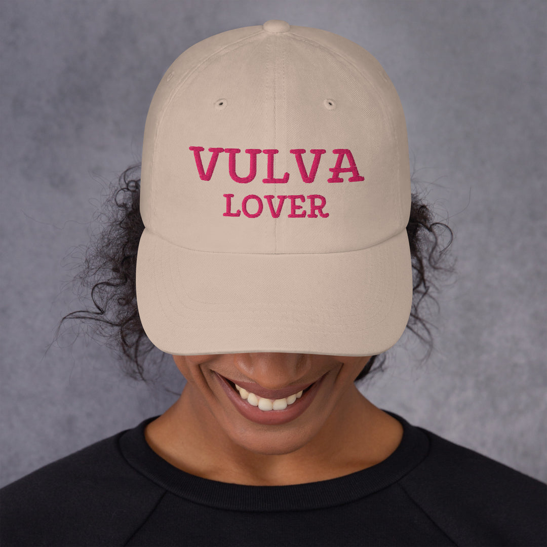 Vulva Lover Dad Cap (Pink Text), stone colorway, front view | MOTHERLODE