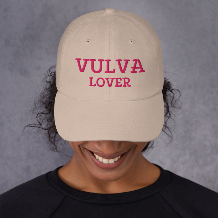Vulva Lover Dad Cap (Pink Text), stone colorway, front view | MOTHERLODE