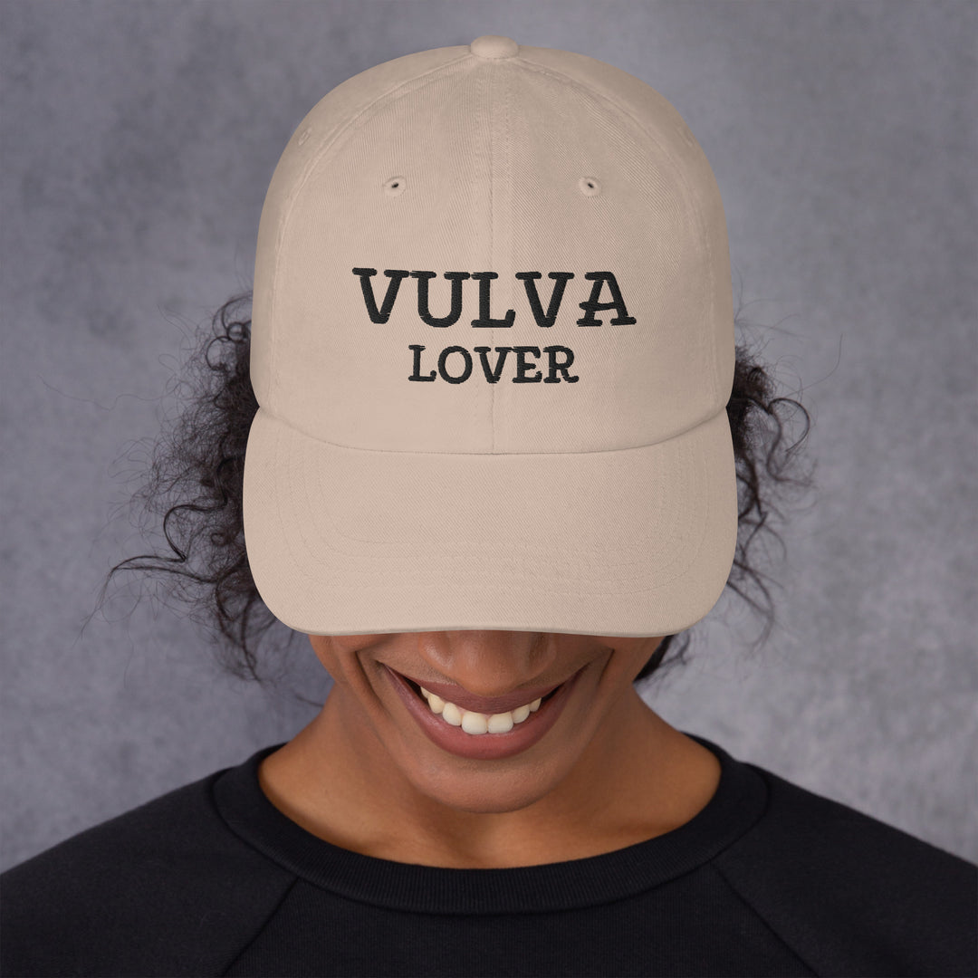 Vulva Lover Dad Cap (Black Text), stone colorway, front view | MOTHERLODE