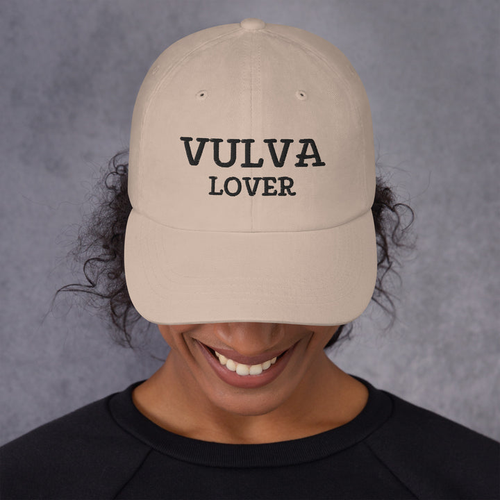 Vulva Lover Dad Cap (Black Text), stone colorway, front view | MOTHERLODE