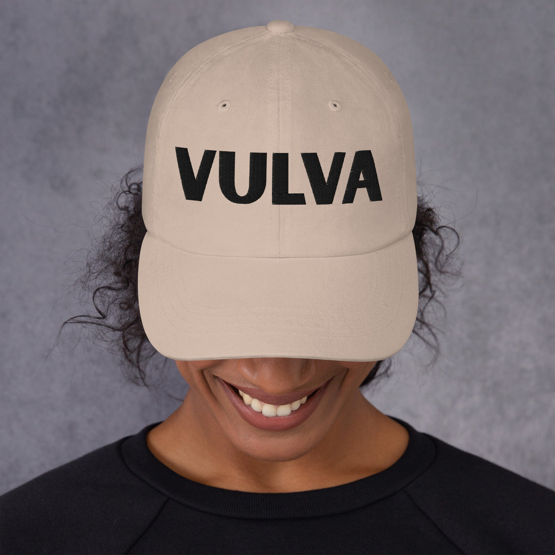 VULVA Dad Cap (Black Text), stone colorway, front view | MOTHERLODE
