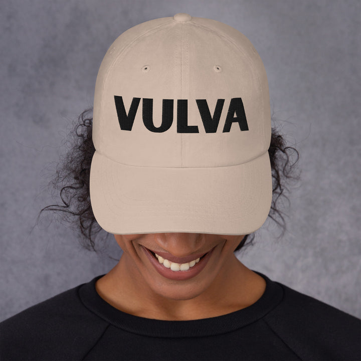 VULVA Dad Cap (Black Text), stone colorway, front view | MOTHERLODE