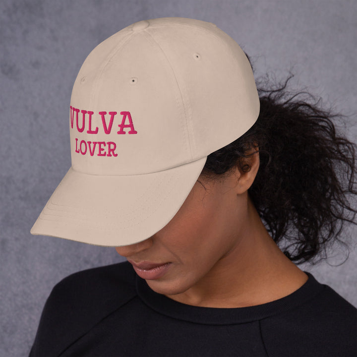 Vulva Lover Dad Cap (Pink Text), stone colorway, left side view | MOTHERLODE