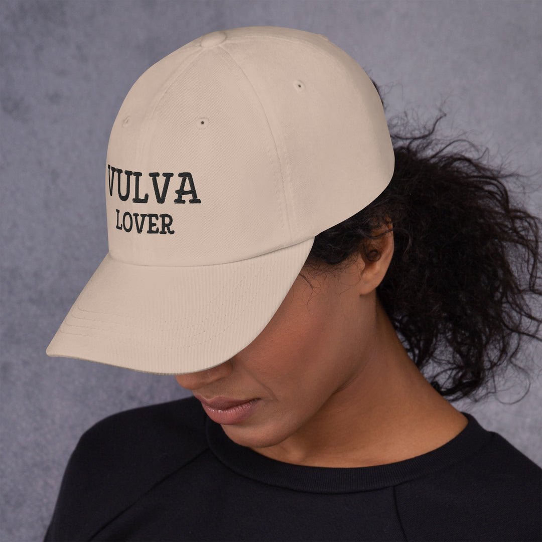 Vulva Lover Dad Cap (Black Text), stone colorway, left side view | MOTHERLODE