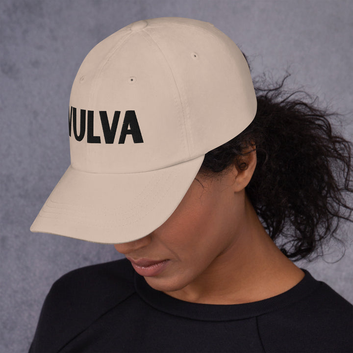 VULVA Dad Cap (Black Text), stone colorway, left side view | MOTHERLODE