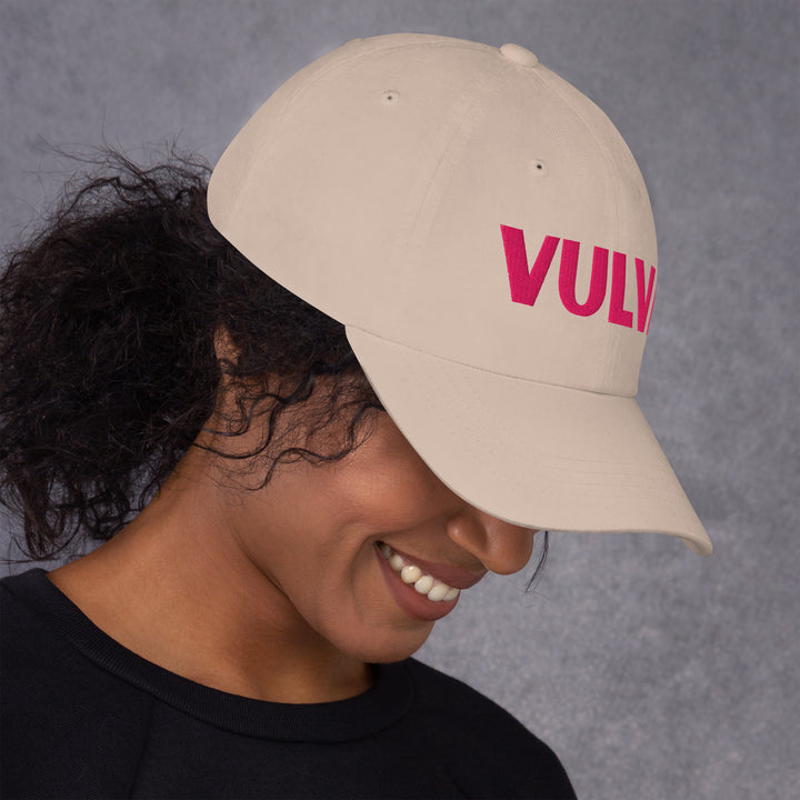 VULVA Dad Cap (Pink Text), stone colorway, right side view | MOTHERLODE
