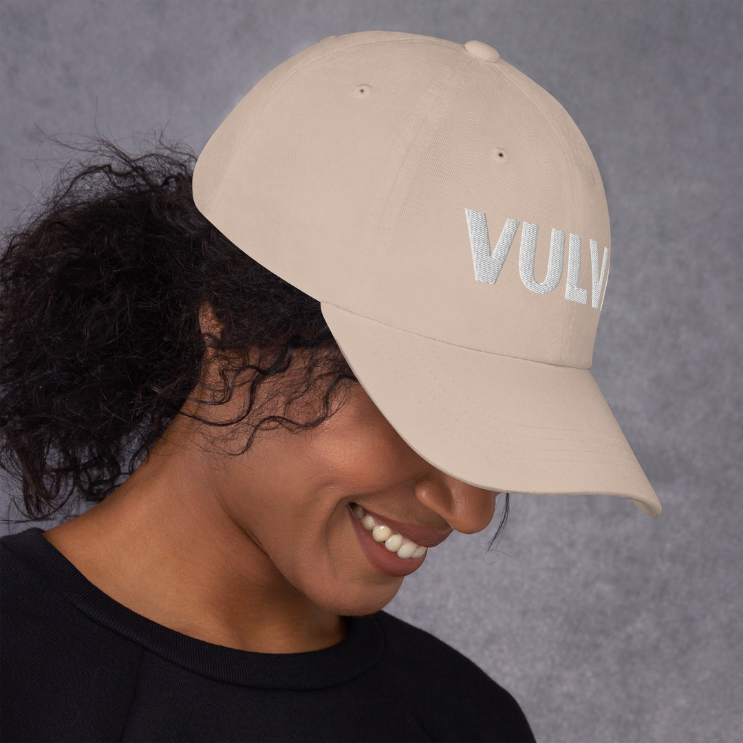 VULVA Dad Cap (White Text), stone colorway, right side view | MOTHERLODE