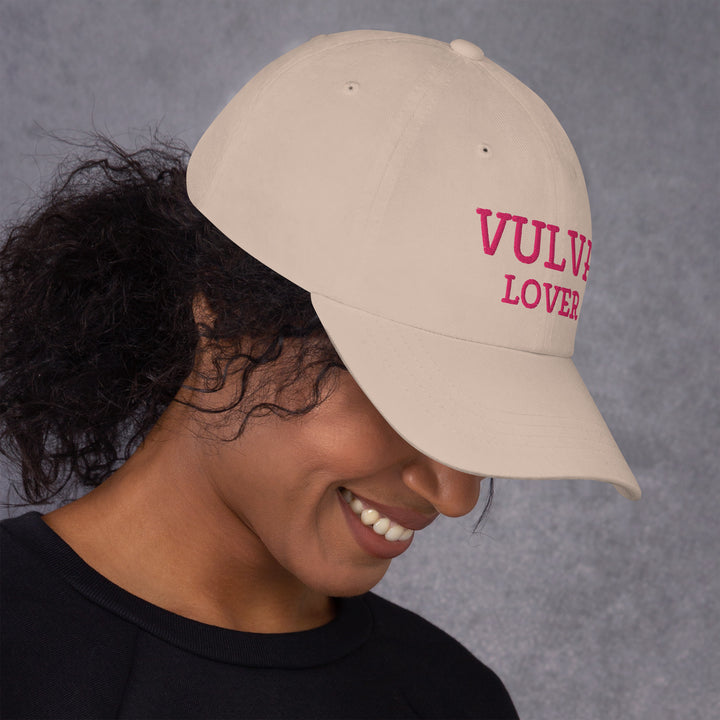 Vulva Lover Dad Cap (Pink Text), stone colorway, right side view | MOTHERLODE