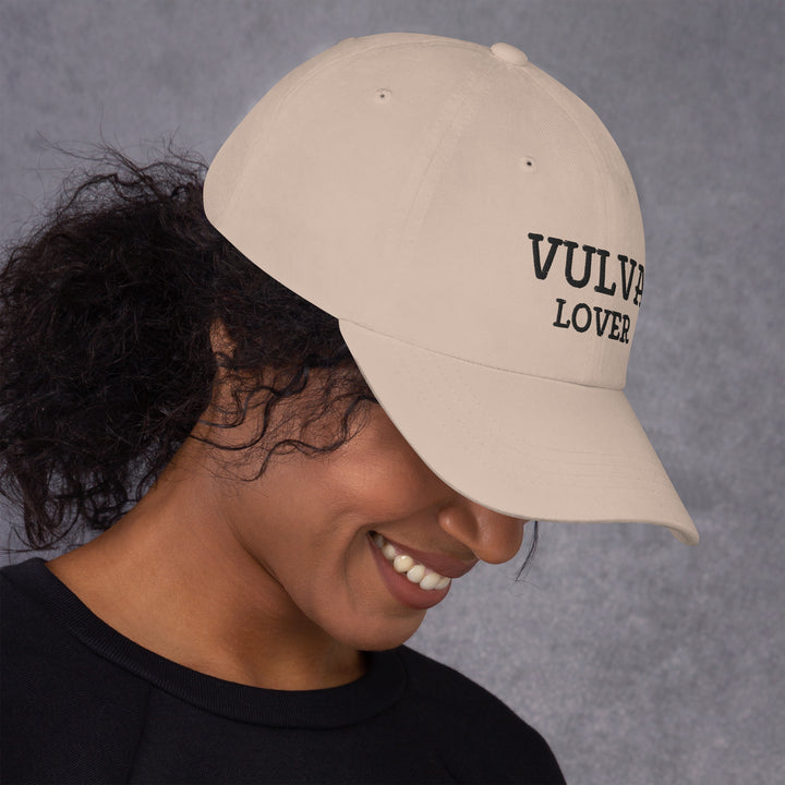 Vulva Lover Dad Cap (Black Text), stone colorway, right side view | MOTHERLODE