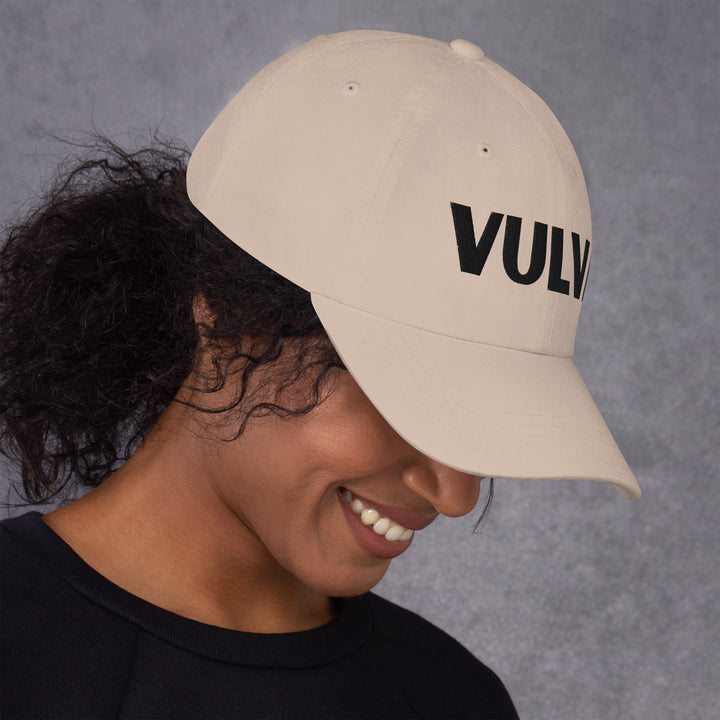 VULVA Dad Cap (Black Text), stone colorway, right side view | MOTHERLODE