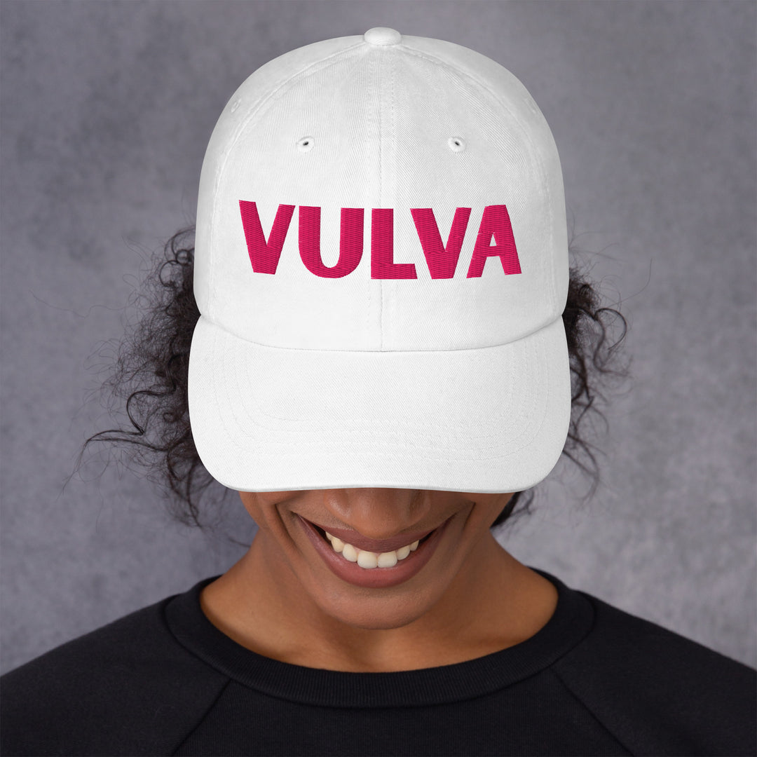 VULVA Dad Cap (Pink Text), white colorway, front view | MOTHERLODE
