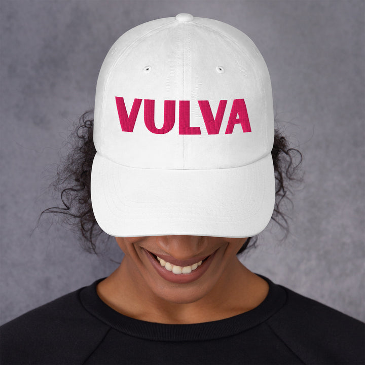 VULVA Dad Cap (Pink Text), white colorway, front view | MOTHERLODE