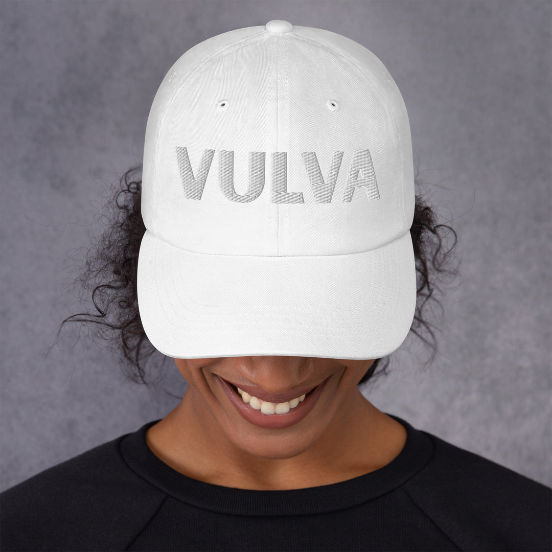 VULVA Dad Cap (White Text), white colorway, front view | MOTHERLODE