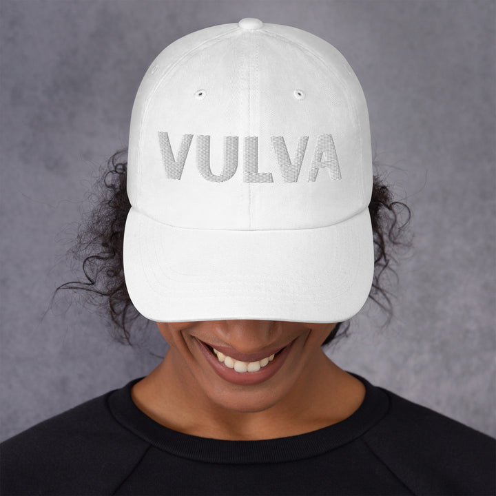 VULVA Dad Cap (White Text), white colorway, front view | MOTHERLODE