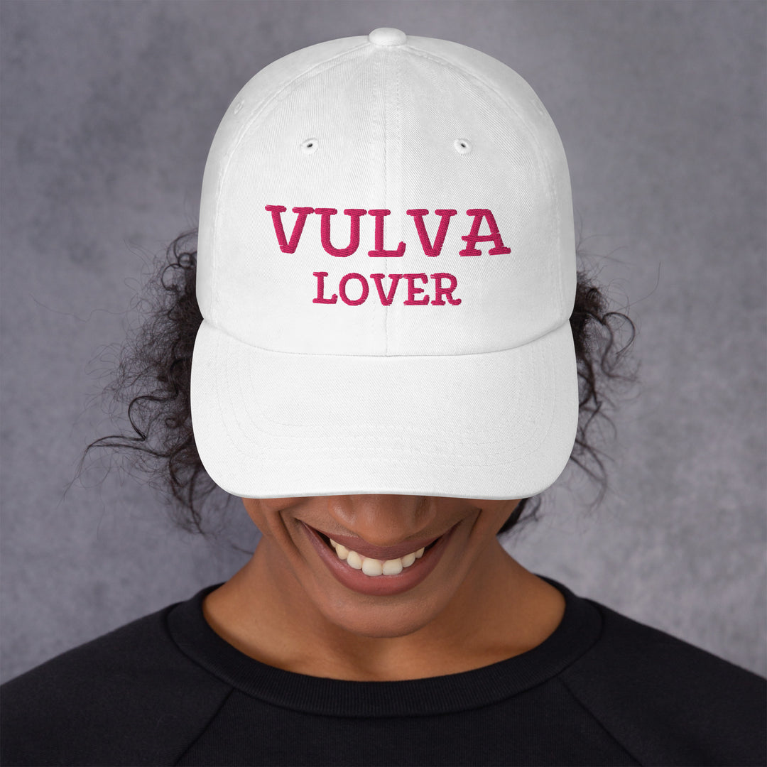 Vulva Lover Dad Cap (Pink Text), white colorway, front view | MOTHERLODE