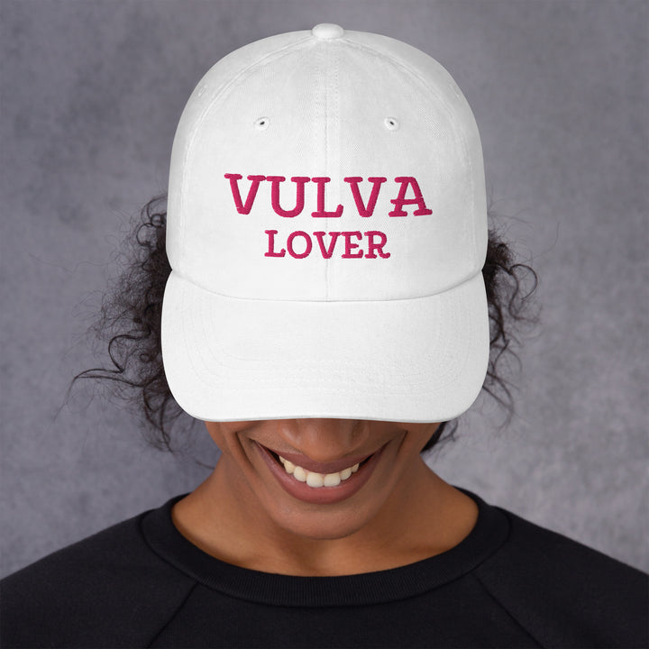 Vulva Lover Dad Cap (Pink Text), white colorway, front view | MOTHERLODE