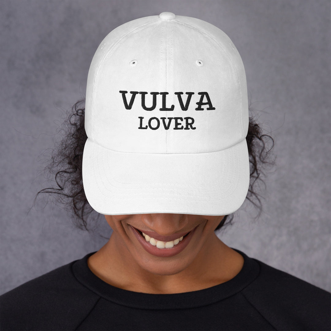 Vulva Lover Dad Cap (Black Text), white colorway, front view | MOTHERLODE