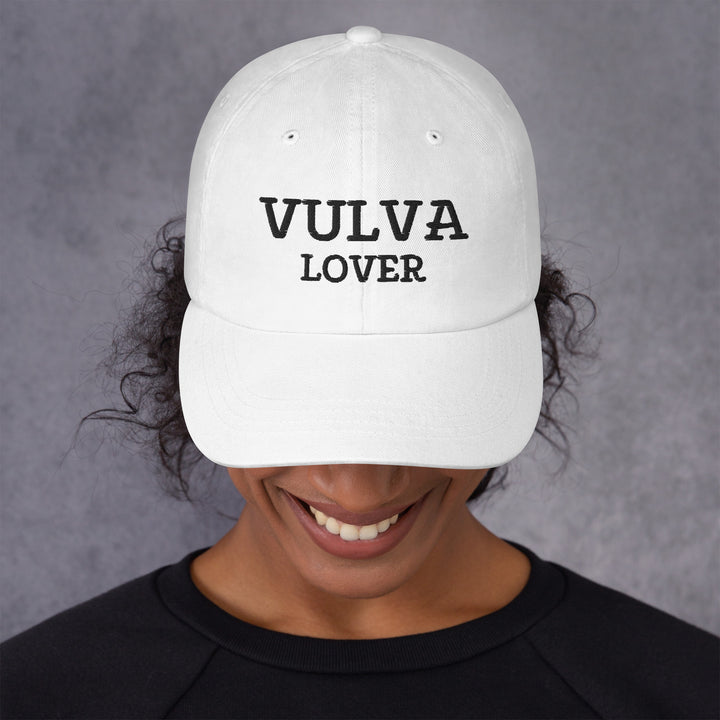 Vulva Lover Dad Cap (Black Text), white colorway, front view | MOTHERLODE