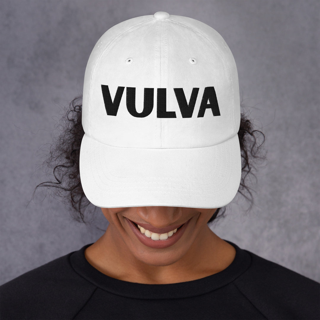 VULVA Dad Cap (Black Text), white colorway, front view | MOTHERLODE