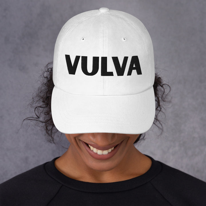VULVA Dad Cap (Black Text), white colorway, front view | MOTHERLODE