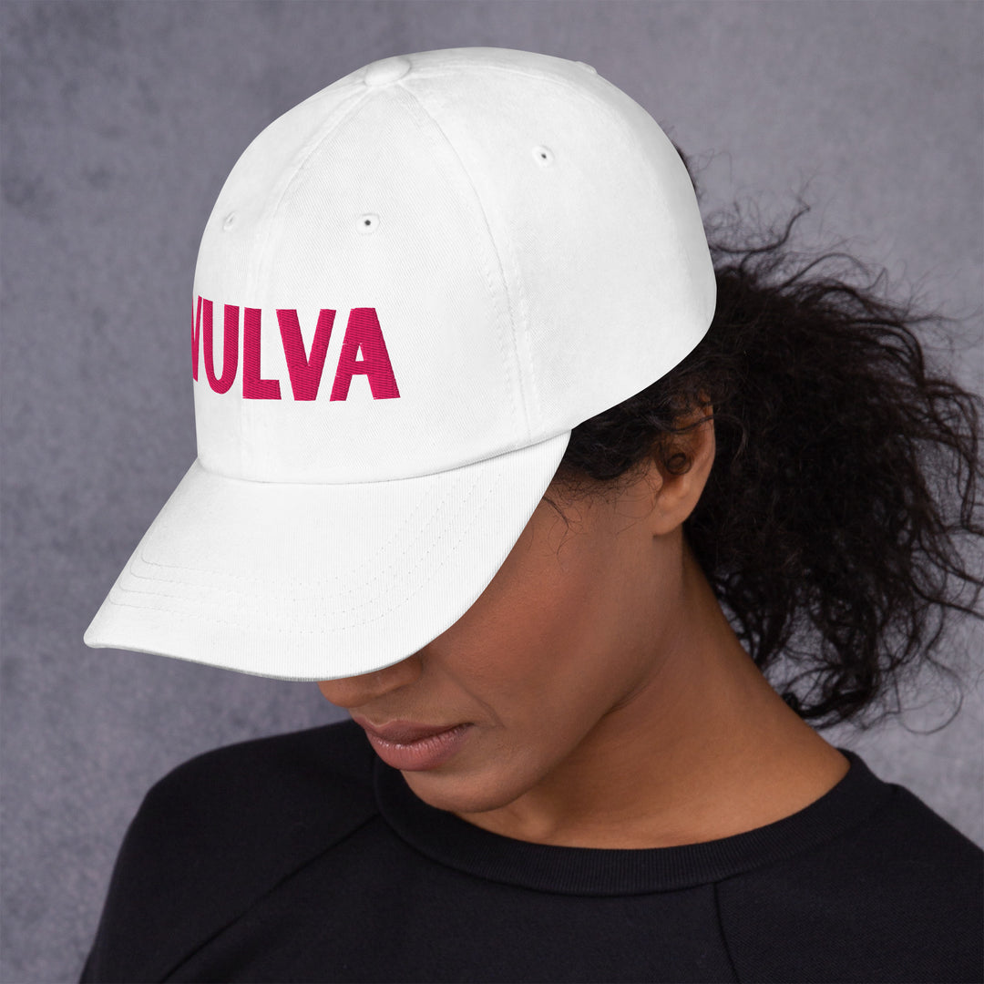 VULVA Dad Cap (Pink Text), white colorway, left side view | MOTHERLODE