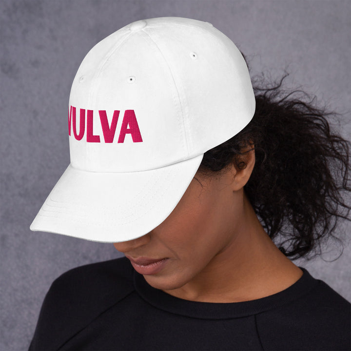 VULVA Dad Cap (Pink Text), white colorway, left side view | MOTHERLODE