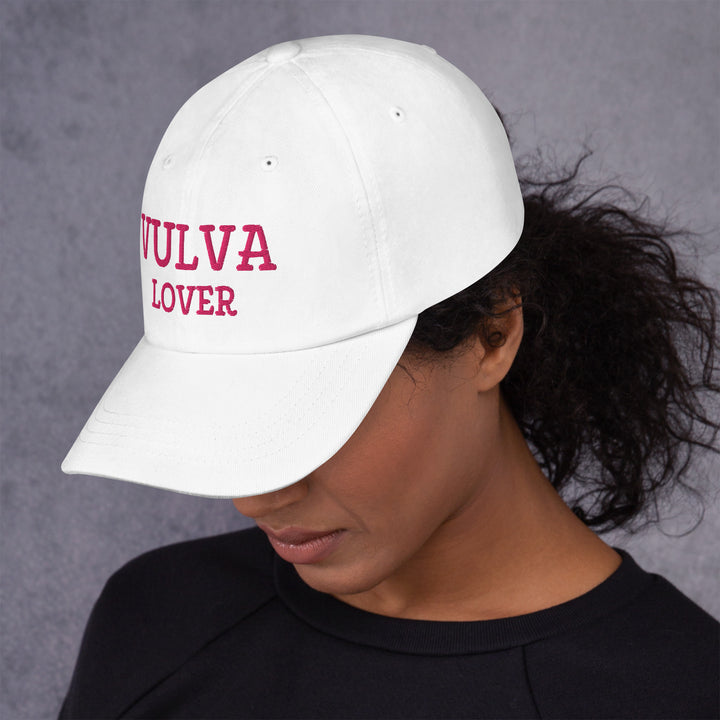Vulva Lover Dad Cap (Pink Text), white colorway, left side view | MOTHERLODE